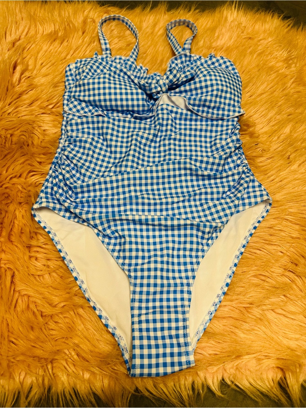 Blue Gingham One-Piece Swimsuit with Ruched Front